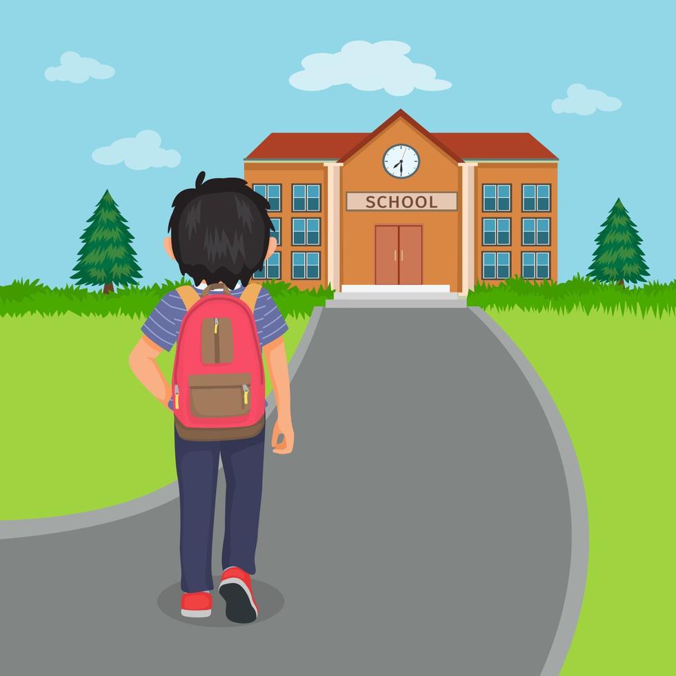 back view of cute little boy student with backpack walking going to school vector