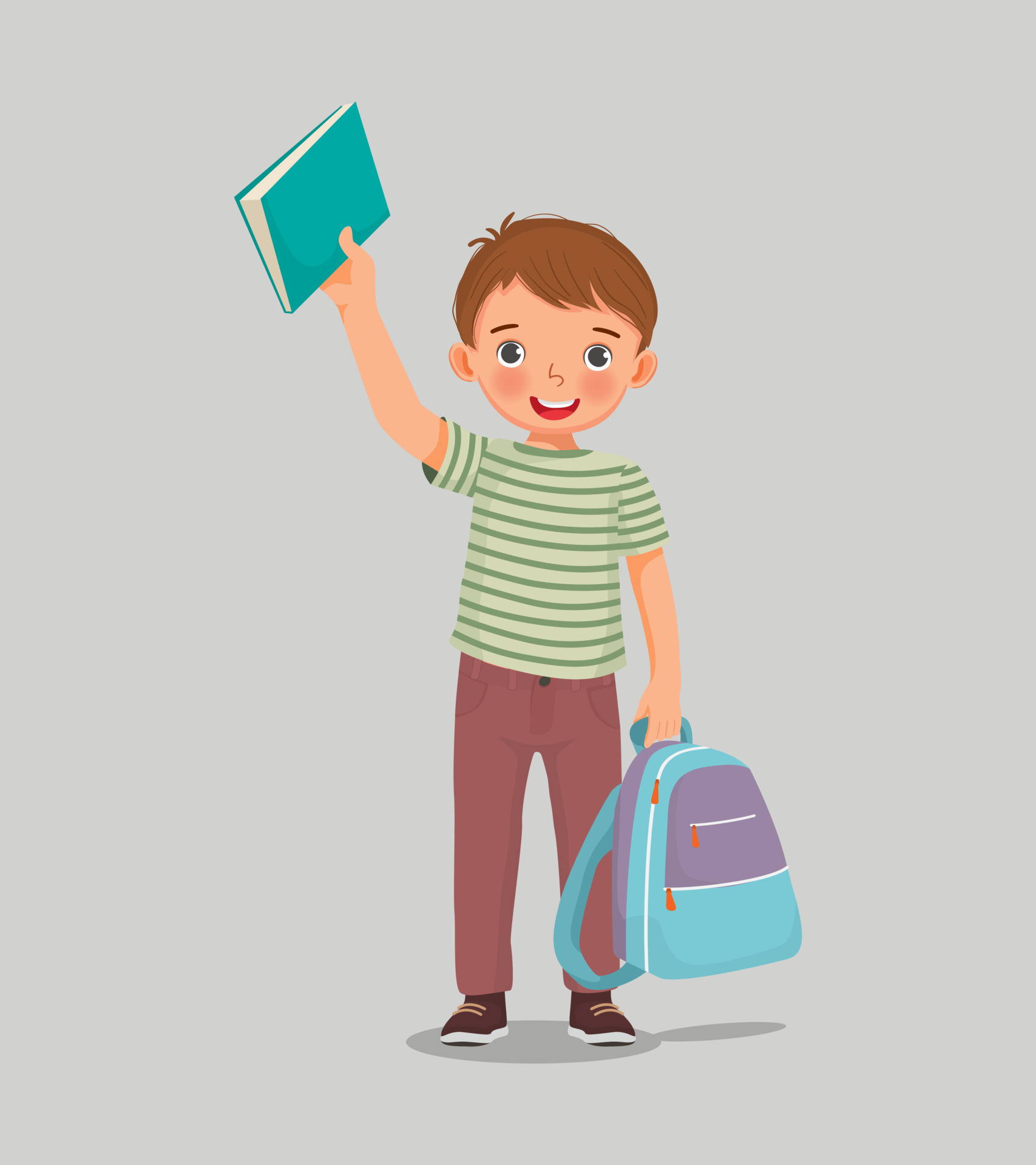 Happy little boy student holding backpack and book feeling excited to
