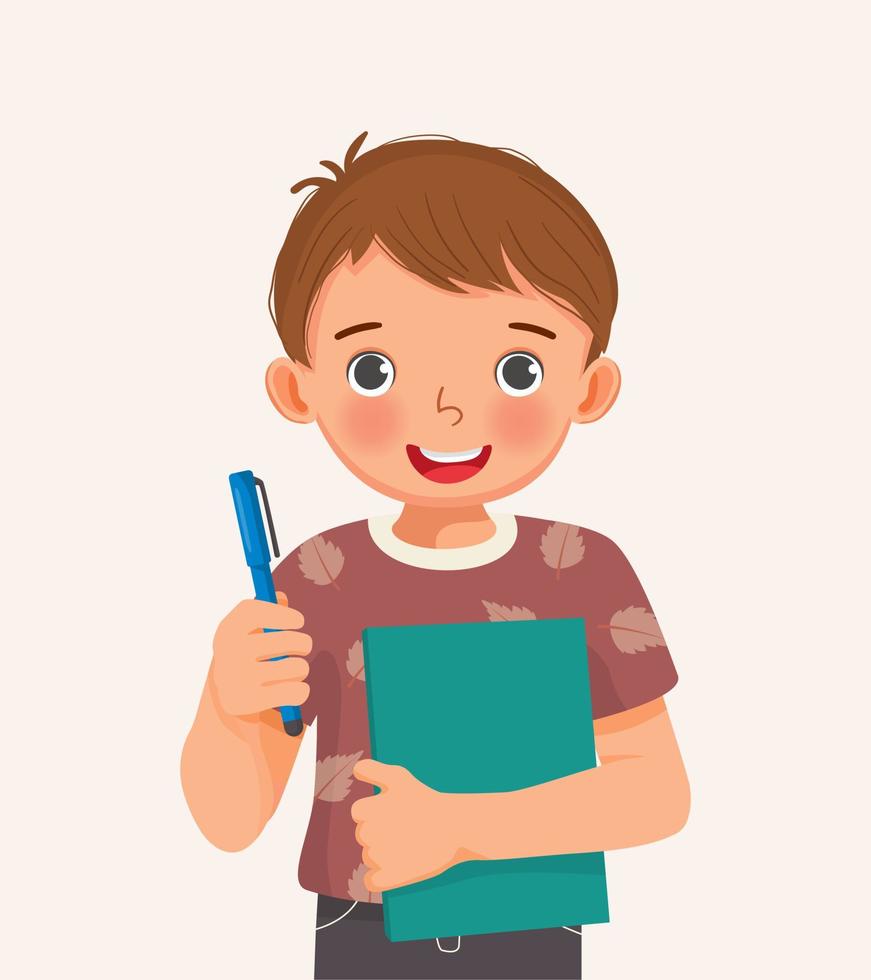 lindo niño estudiante sosteniendo libro y pluma sonriendo vector