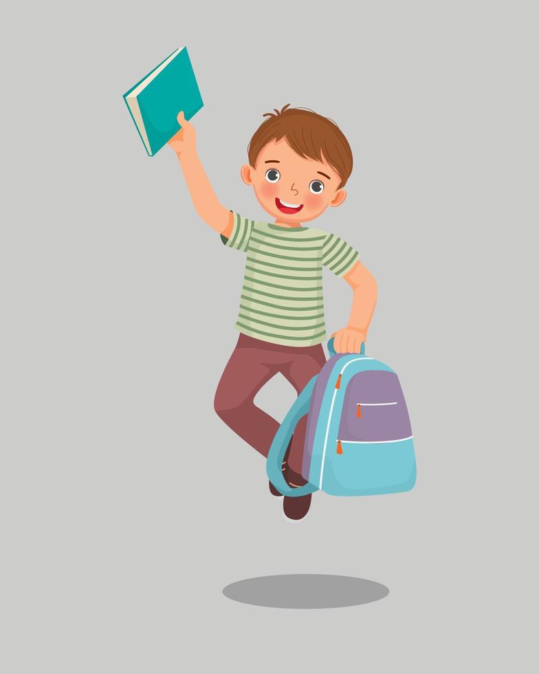 feliz niño estudiante sosteniendo mochila y libro saltando sintiéndose emocionado de volver a la escuela vector