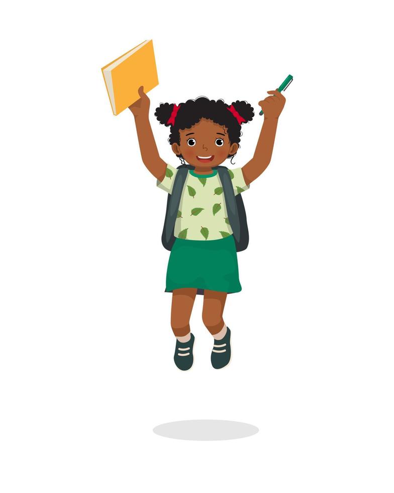 Happy little African girl student with backpack holding book and pen jumping feeling excited to be back to school vector