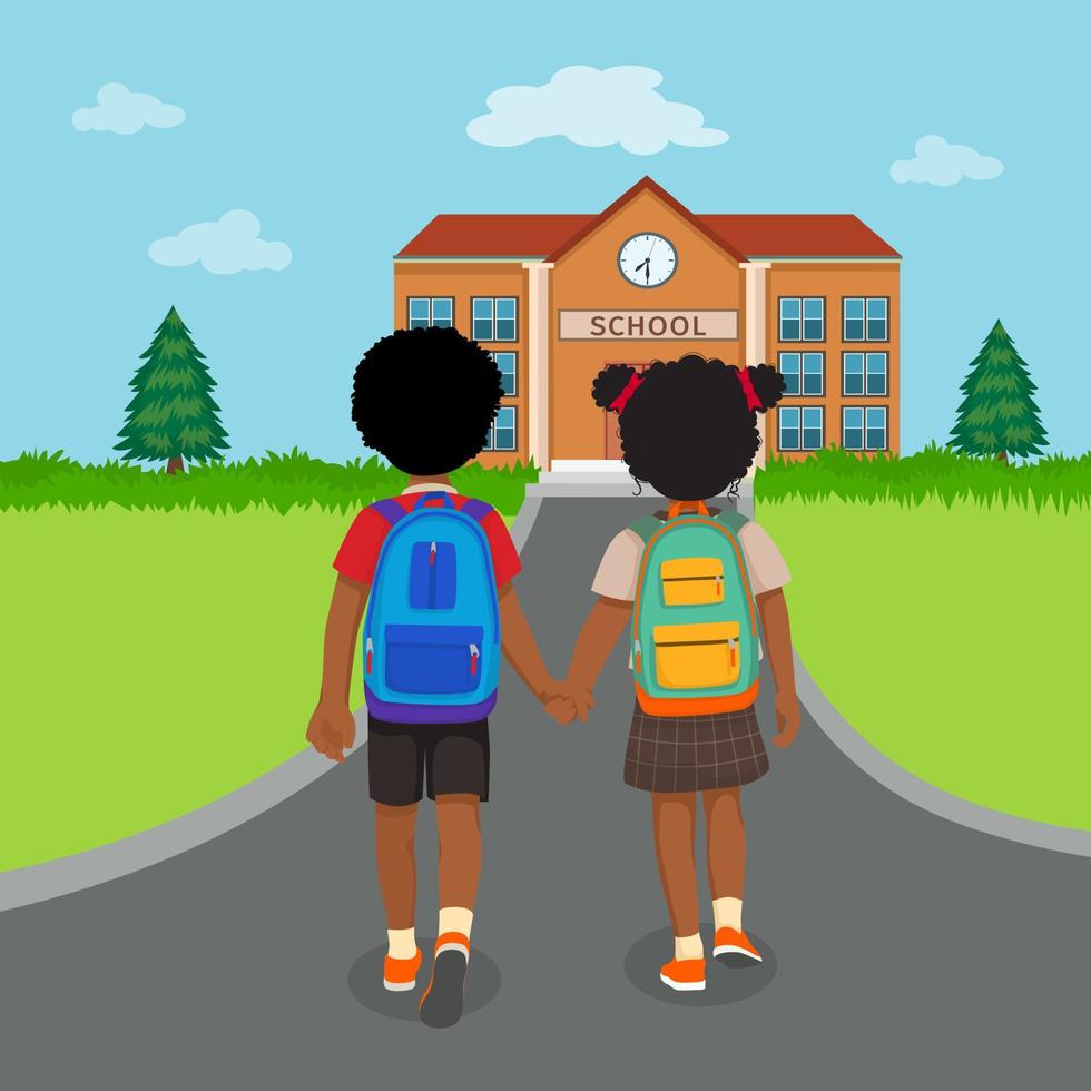 back view of little African kids students with backpacks holding hands walking to school together vector