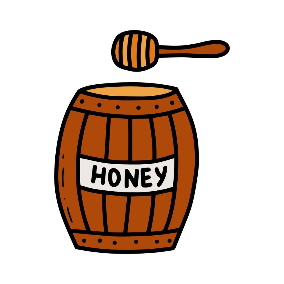 Doodle wooden barrel of honey vector isolated illustration
