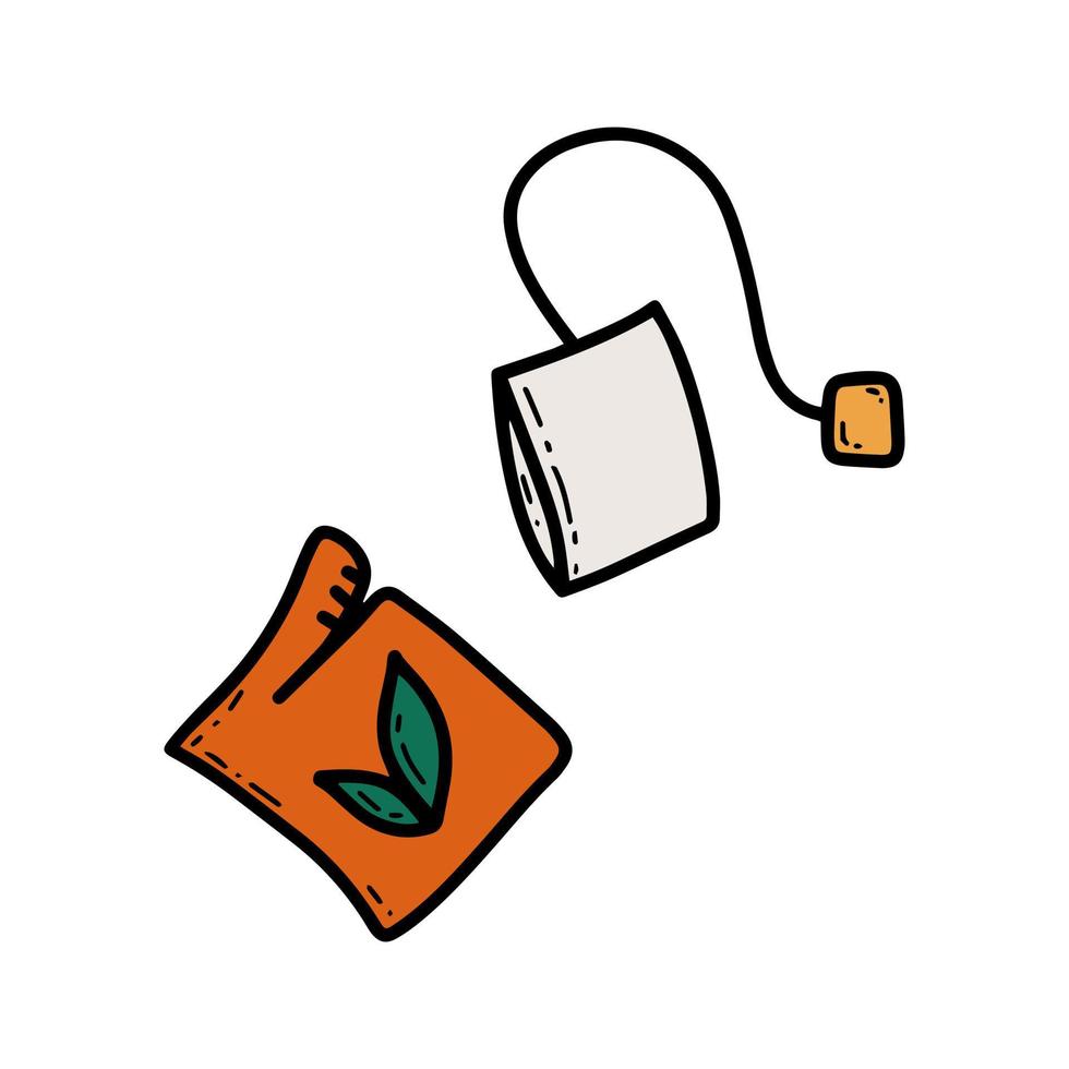 bolsa de té de garabato con icono de vector de paquete abierto