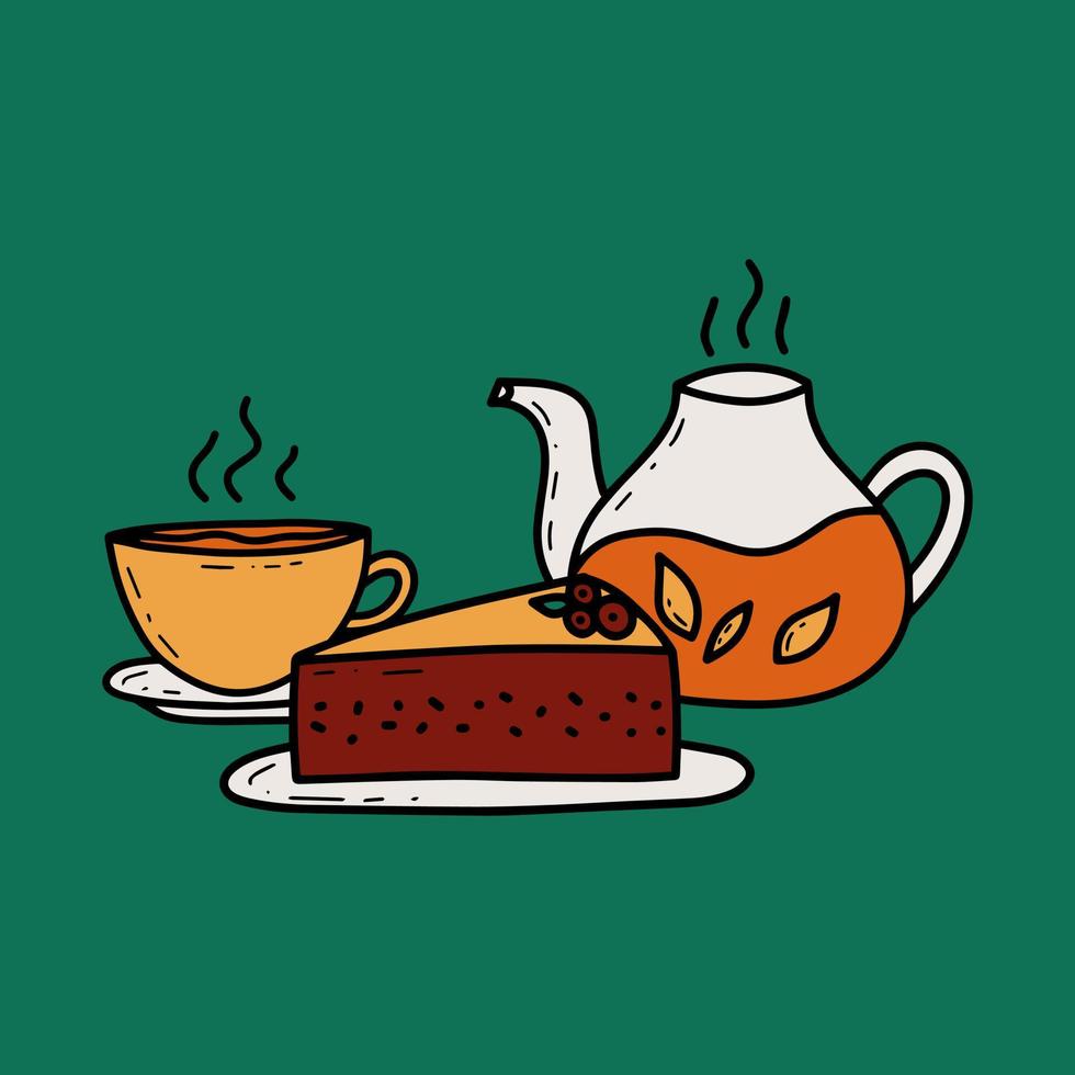 doodle bebiendo té con pastel vector ilustración clipart