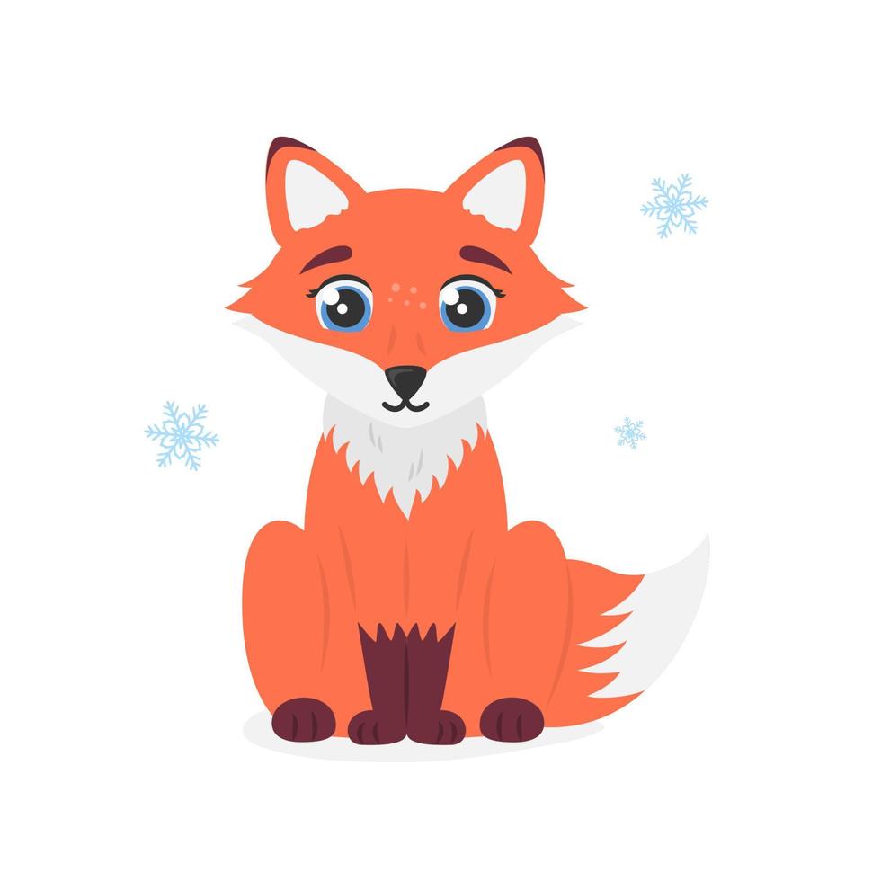 Cute Sitting Red Fox Cub with Snowflakes vector