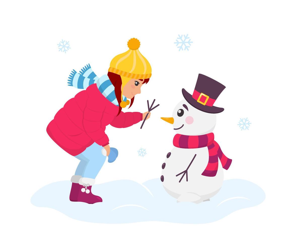 Cute Girl in Pink Down Jacket Building a Snowman vector