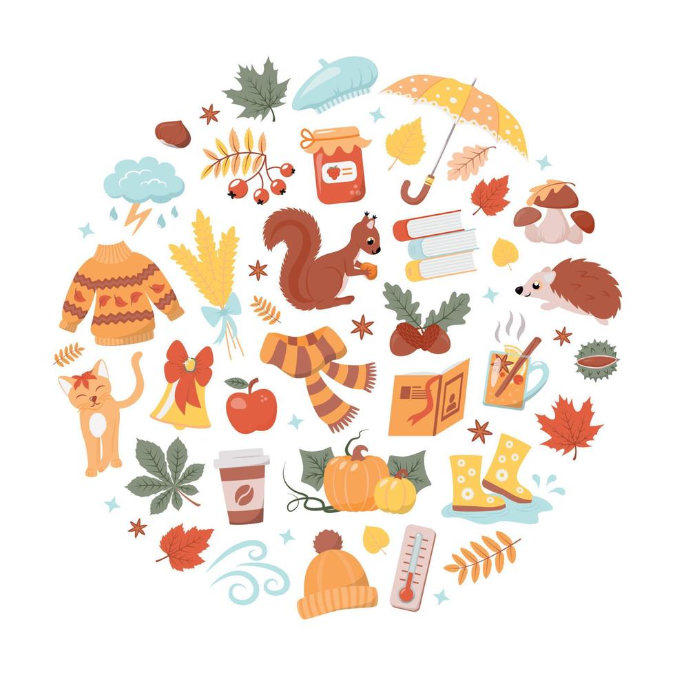 Fall Season Cute Elements Collection in Round Shape Composition vector