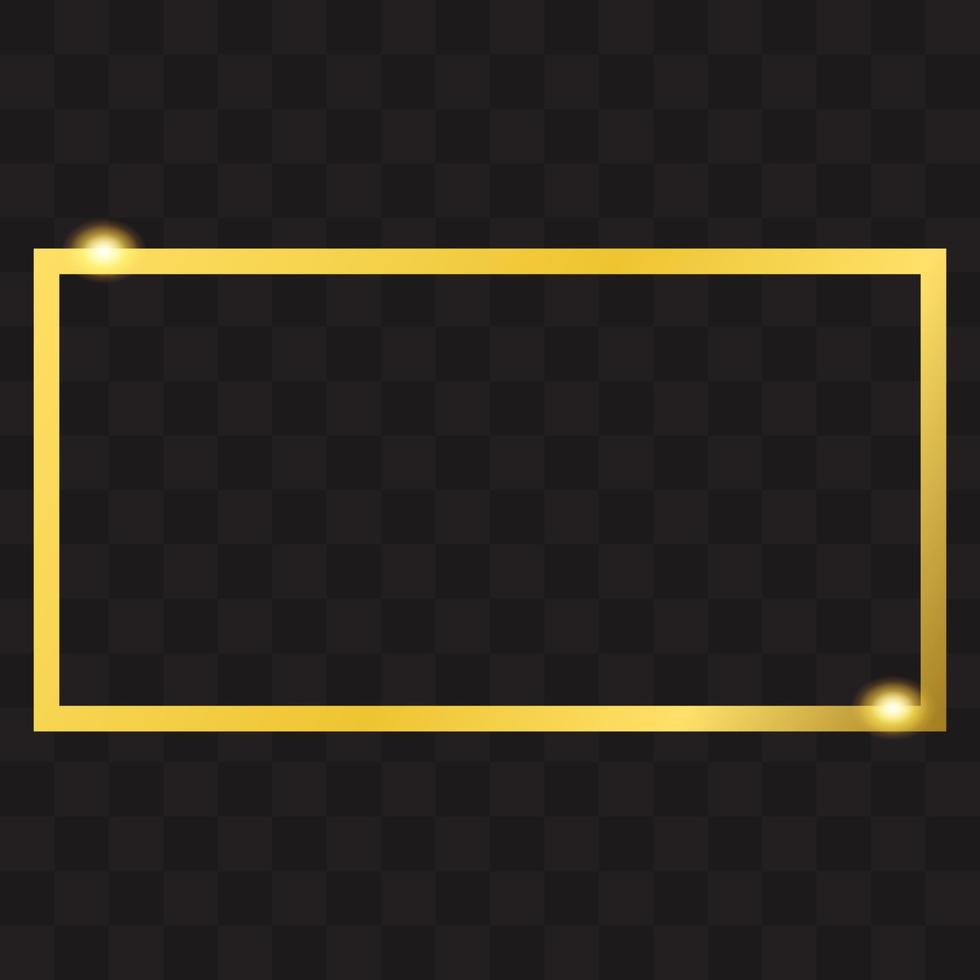 borde rectangular dorado brillante sobre fondo negro transparente. marco de rectángulo dorado con efecto brillante. decoración de marco dorado. vector