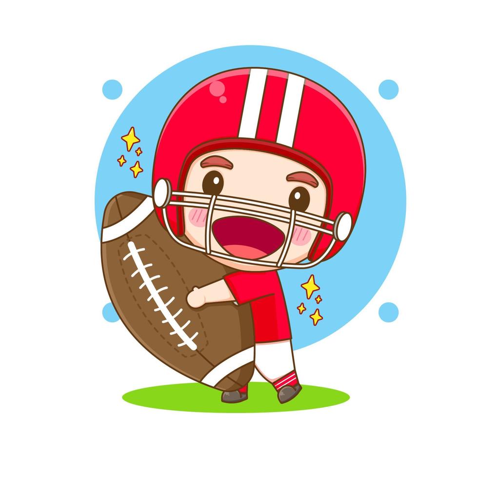 lindo jugador de fútbol americano sosteniendo rugby y usando casco rojo chibi ilustración de dibujos animados vector