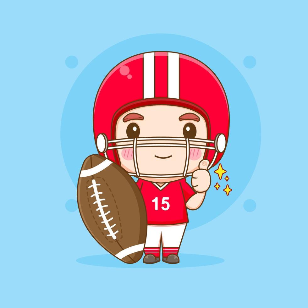 lindo jugador de fútbol americano sosteniendo rugby y usando casco rojo chibi ilustración de dibujos animados vector