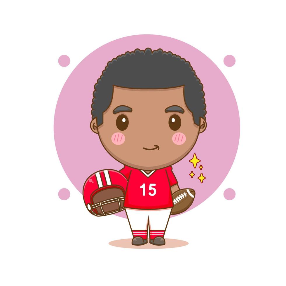 lindo jugador de fútbol americano sosteniendo rugby y usando casco rojo chibi ilustración de dibujos animados vector