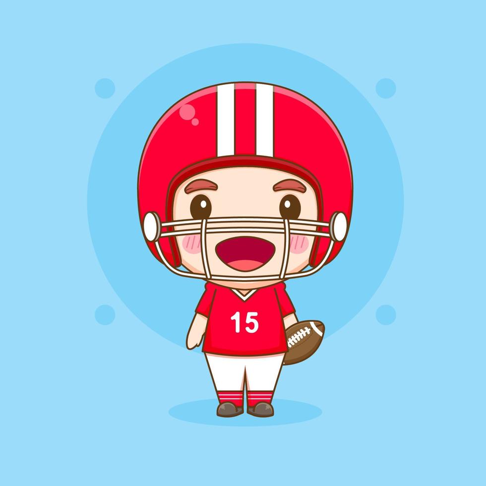 lindo jugador de fútbol americano sosteniendo rugby y usando casco rojo chibi ilustración de dibujos animados vector