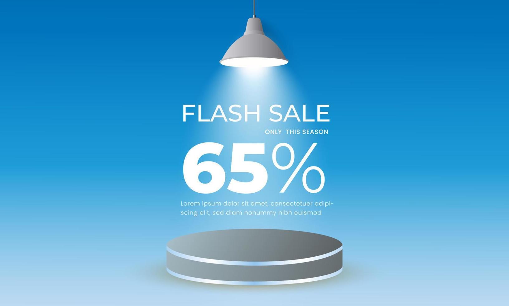 venta flash con fondo de 65 por ciento de descuento con luces encendidas y podio vector