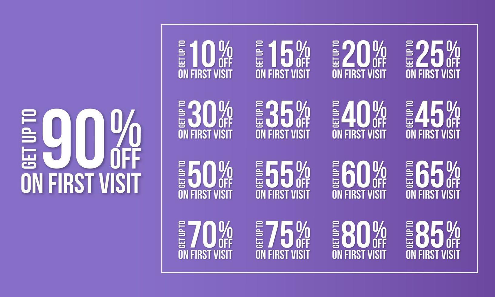 Set of number special discount get up to on first visit 10, 20, 30, 40, 50, 60, 70, 80, 90 percent off vector