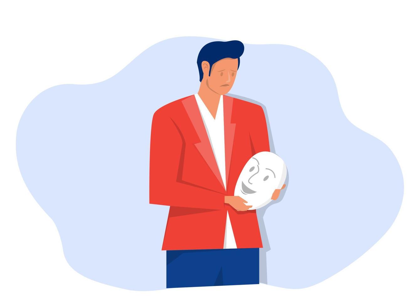 a business man suffering from depression or mental problems, unhappy people holding smiling masks in hands  ,symptoms of depression, anxiety, Vector illustration.
