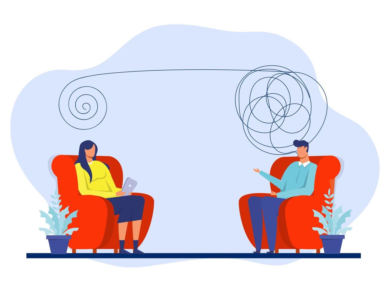 Patient with tangled rope consulting psychologist.The study of how mental functioning affects the behaviors that are expressed Mental health, depression concept  Flat vector illustration