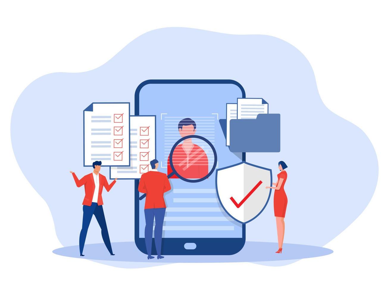 KYC or know your customer with business verifying the identity of its clients concept at the partners-to-be through a magnifying glass on laptop vector illustrator