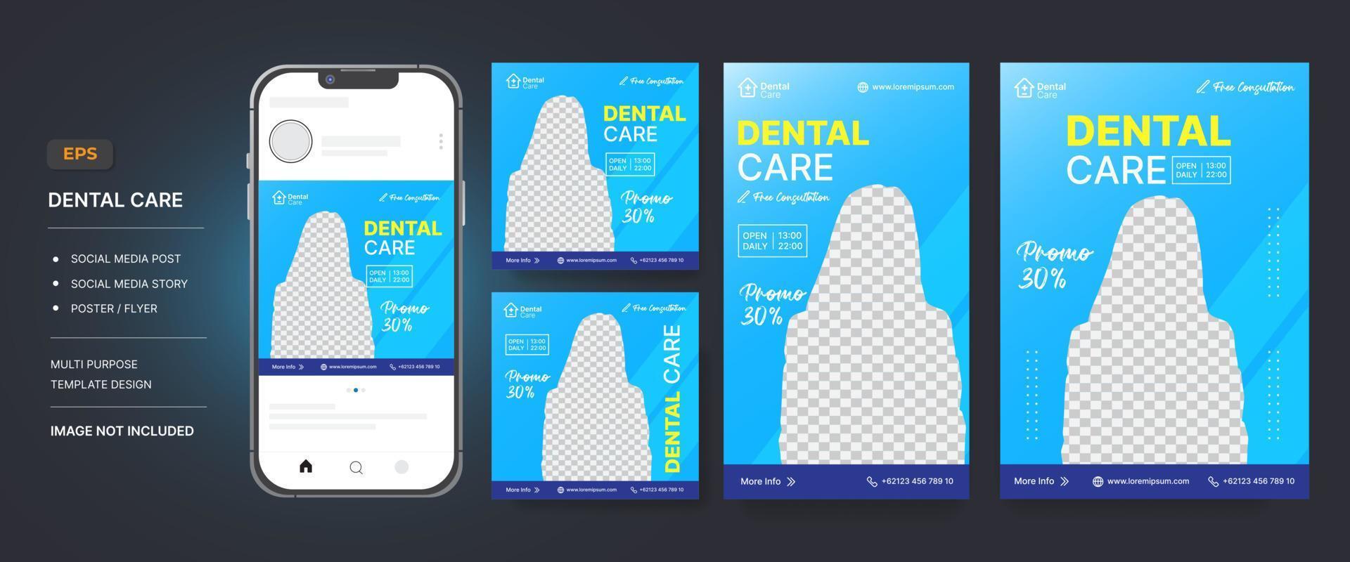 publicación en redes sociales de atención dental, plantilla de diseño de volante de historia y afiche con vector de maqueta de teléfono móvil