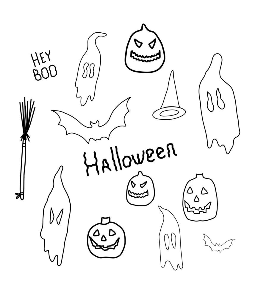 Halloween set. Doodle halloween icons. Drawn ghosts, pumpkins, bat vector