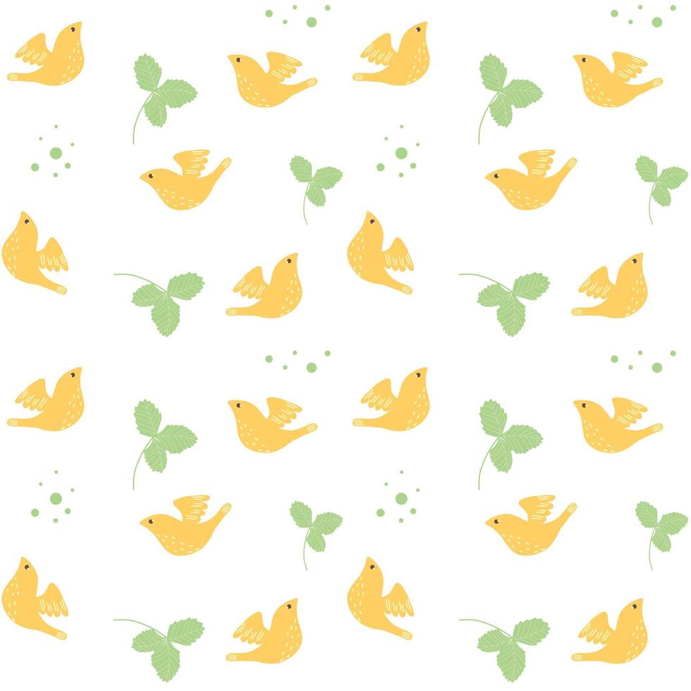 Yellow, gold bird pattern. Pattern with hand drawn and leaves bird for textile, wrapping paper, print, packaging, wallpaper. vector