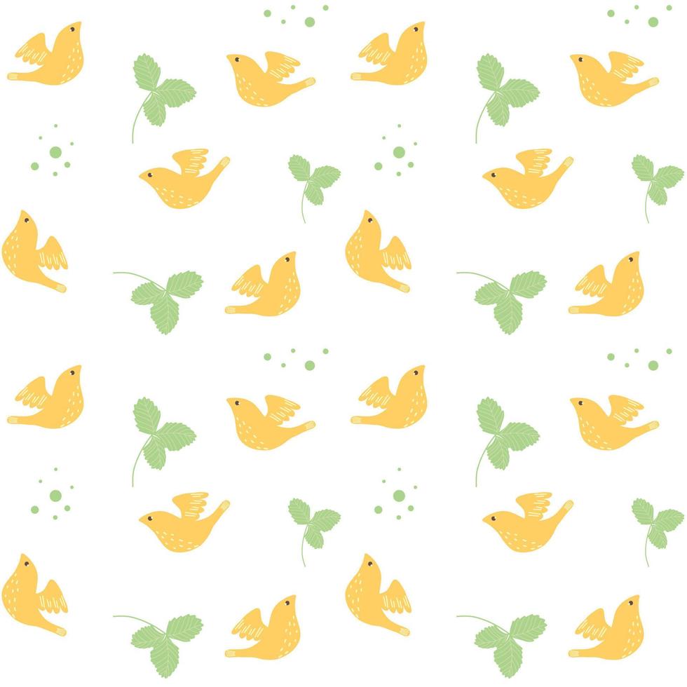 Yellow, gold bird pattern. Pattern with hand drawn and leaves bird for textile, wrapping paper, print, packaging, wallpaper. vector