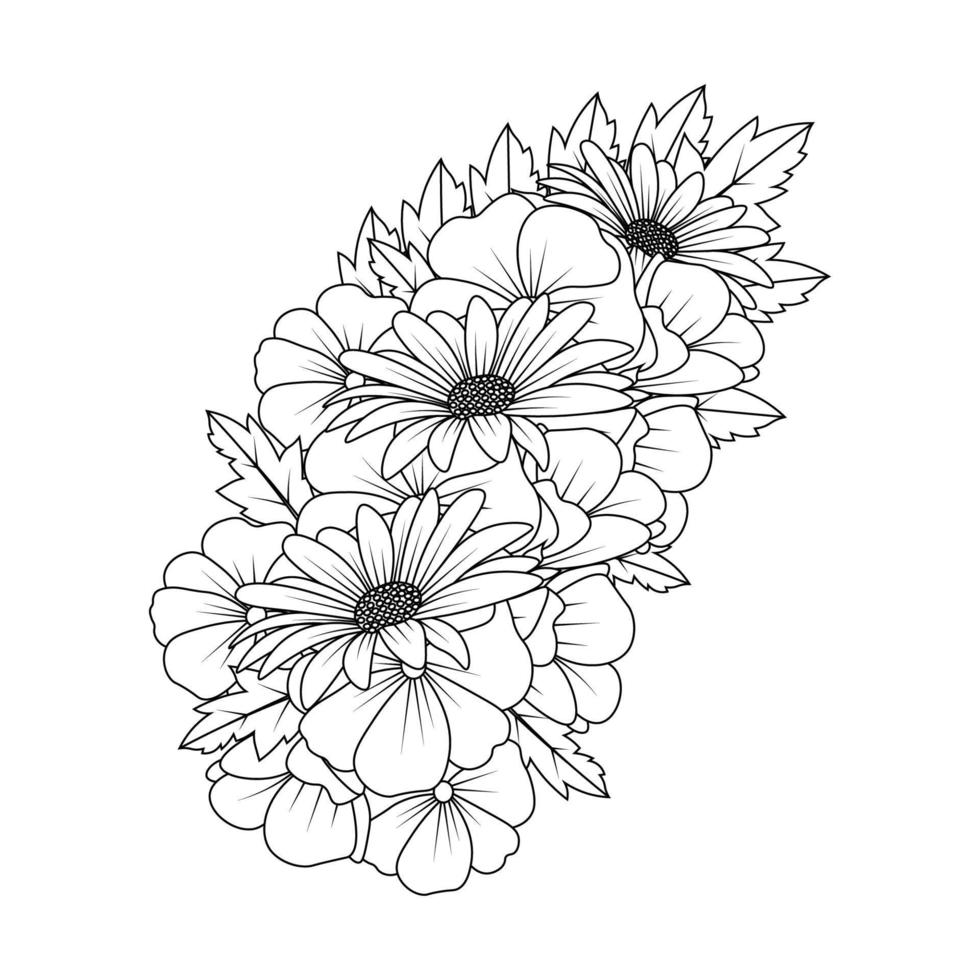 daisy flower drawing coloring page with doodle art design in detailed line art vector graphic