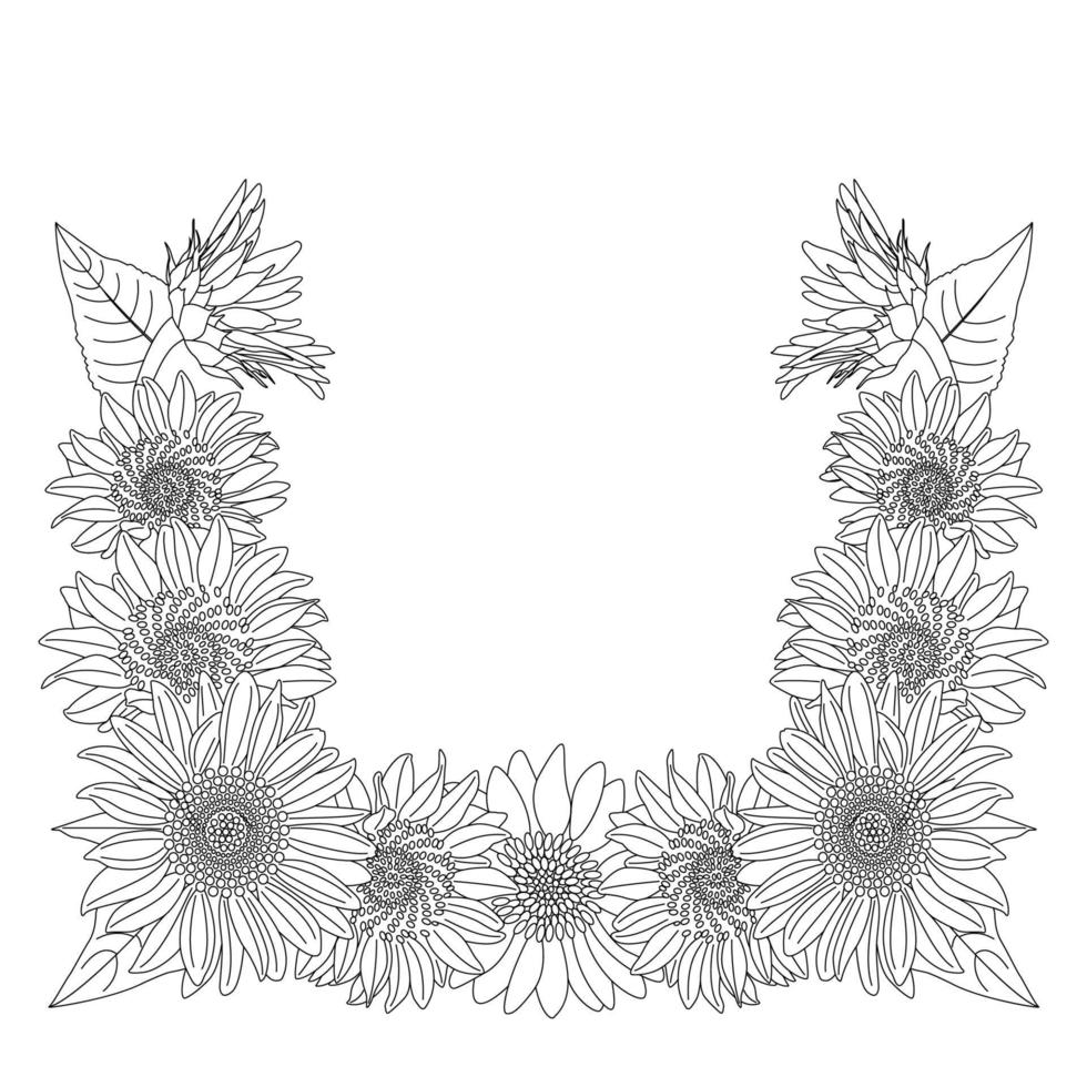 página para colorear de arte de doodle de girasol con ilustración de diseño de fondo de flor decorativa vector