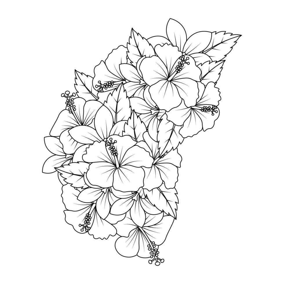 hibiscus flower doodle art design of coloring page with detailed line art vector graphic