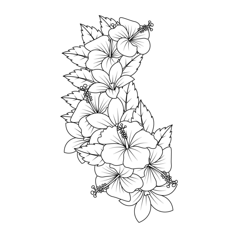 diseño de arte de doodle de flor de hibisco de página para colorear con gráfico vectorial de arte lineal detallado vector