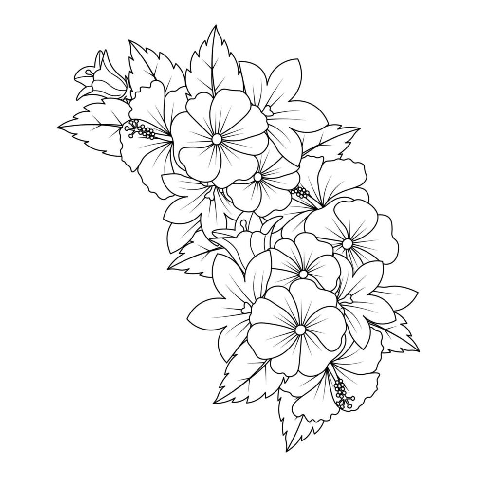 diseño de arte de doodle de flor de hibisco de página para colorear con gráfico vectorial de arte lineal detallado vector