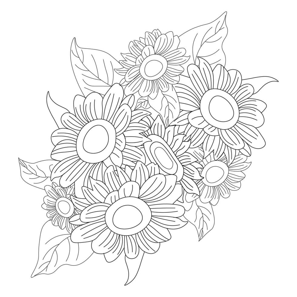 sunflower doodle art coloring page with decorative flower background design illustration vector