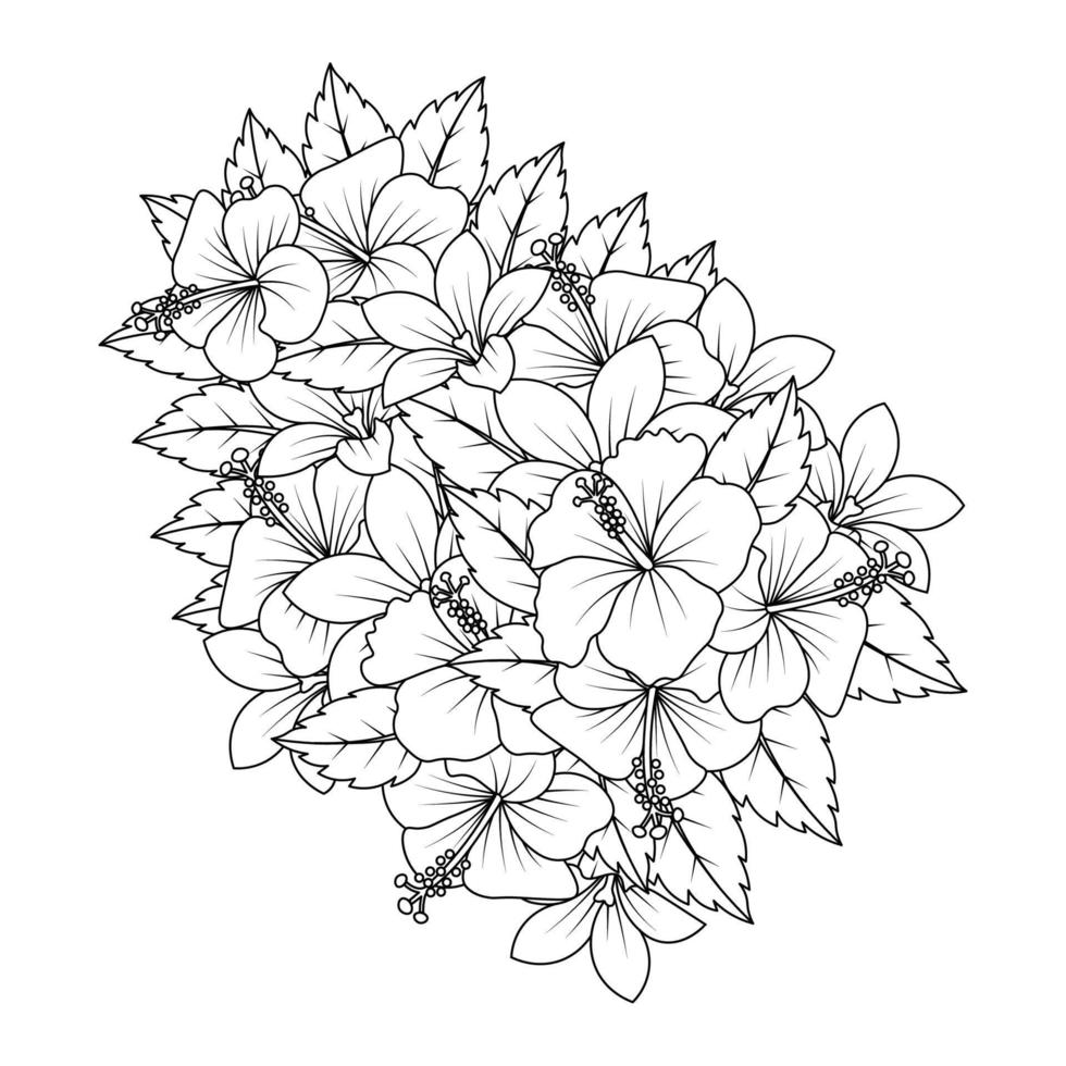 diseño de arte de doodle de flor de hibisco de página para colorear con gráfico vectorial de arte lineal detallado vector
