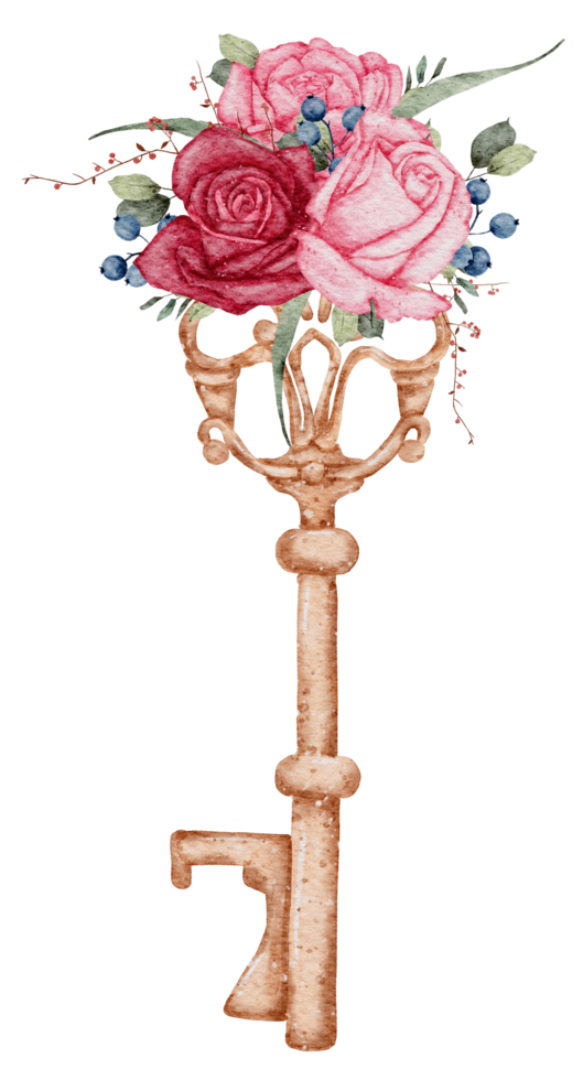 Key and flower vintage watercolor, Valentine watercolor png