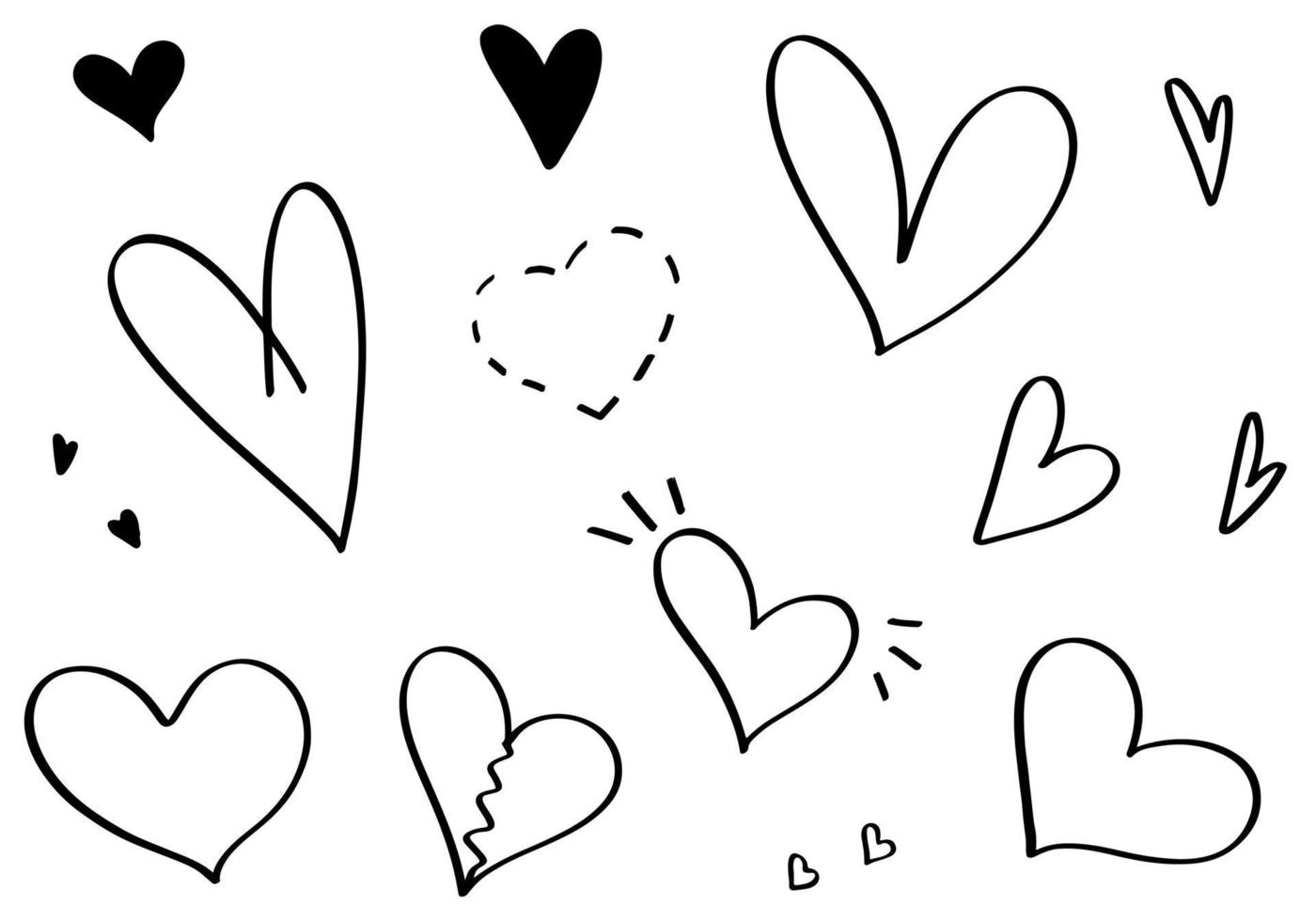 A set of different hearts drawn with a thin line. Vector