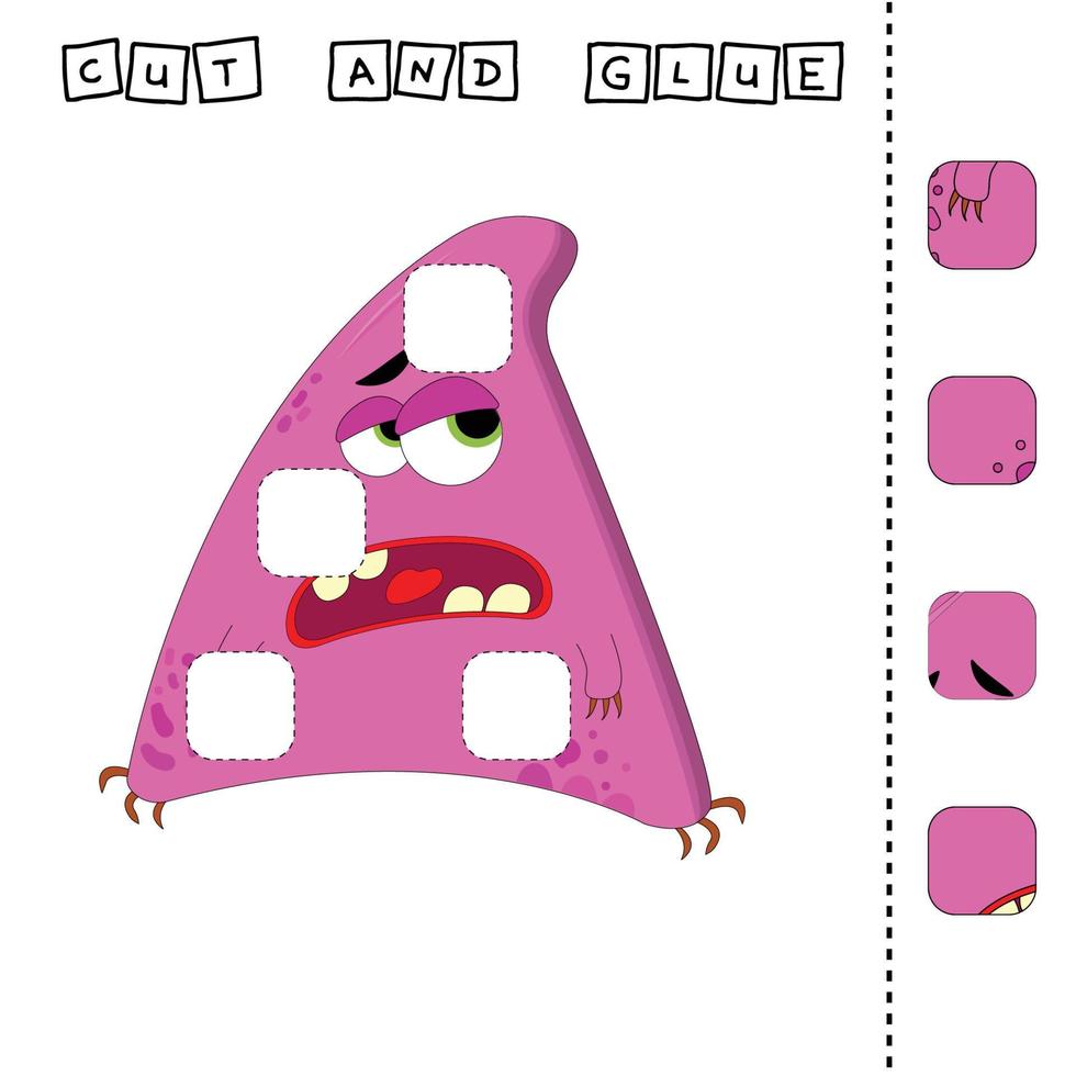 worksheet vector design, the task is to cut and glue a piece on bright monster.  Logic game for children.