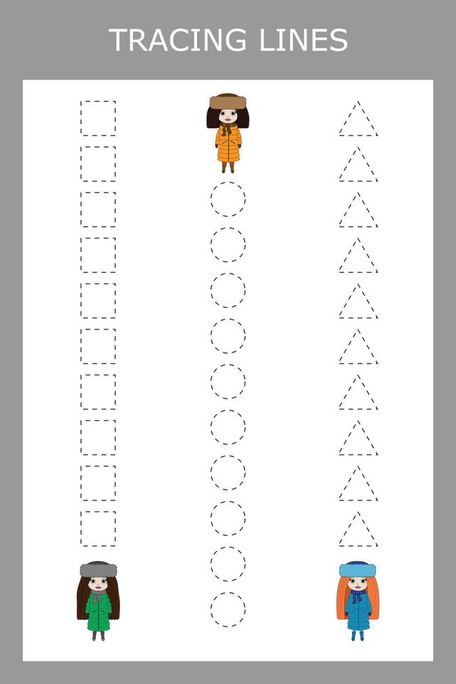 Trace line worksheet with little girls, dolls for kids, practicing fine motor skills.  Educational game for preschool children. vector