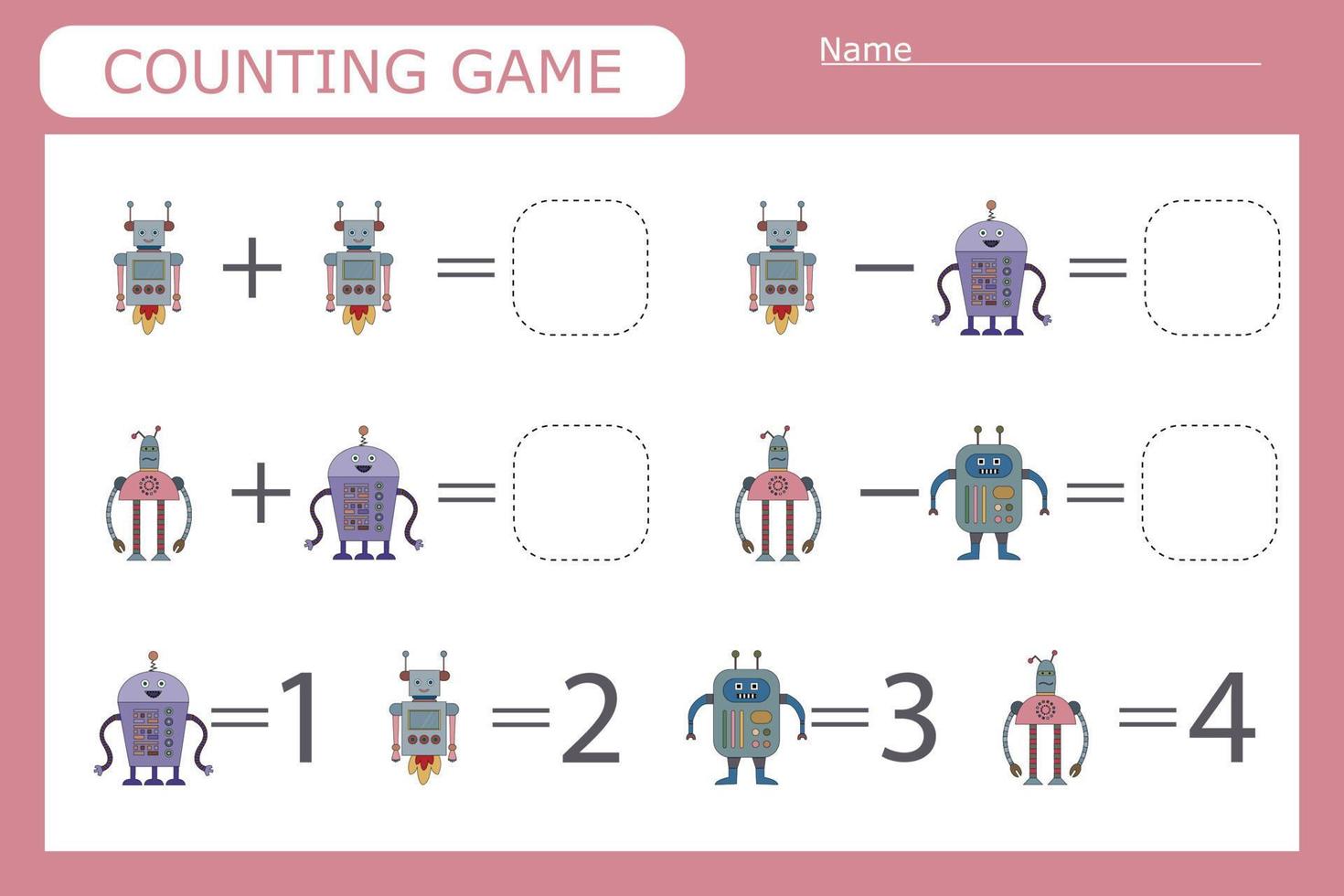 counting game with funny robots . Preschool worksheet, kids activity sheet, printable worksheet vector