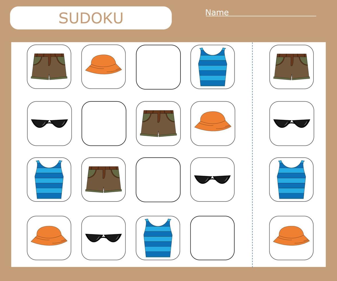 juego de sudoku para niños con ropa salvaje. hoja de actividades para niños. vector