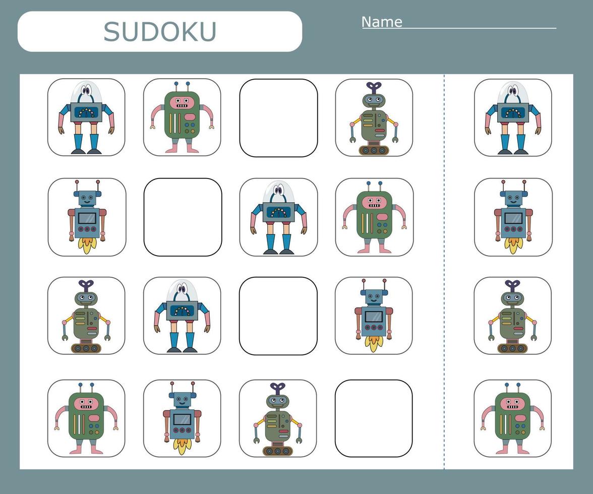Sudoku game for children with  colorful robots. Kids activity sheet . vector