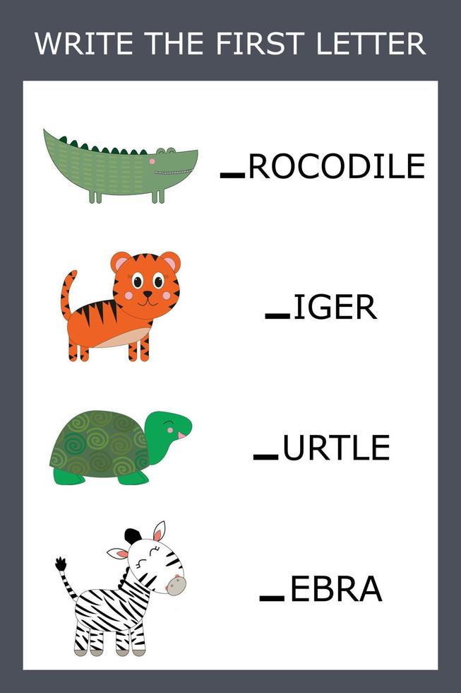 Find the first letter of the word  and connect. Educational game for children. vector