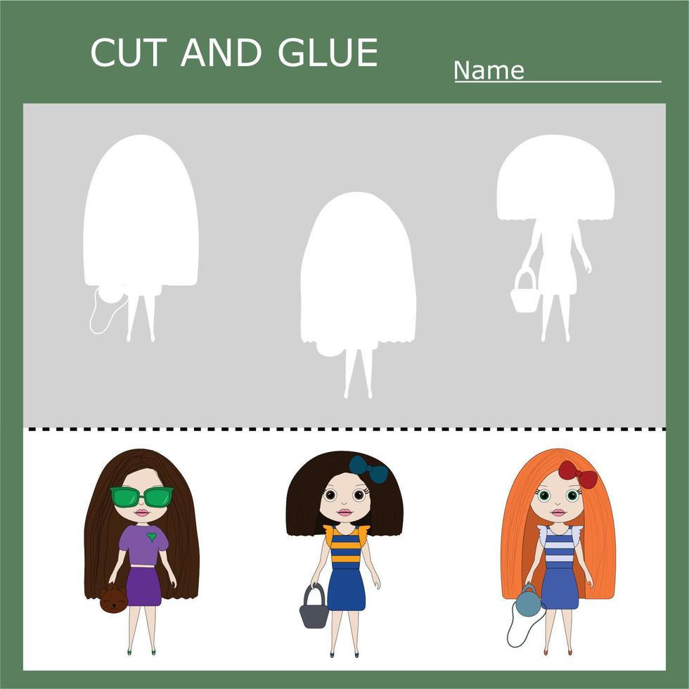 worksheet vector design, the task is to cut and glue a piece on  cute girls, dolls.  Logic game for children.