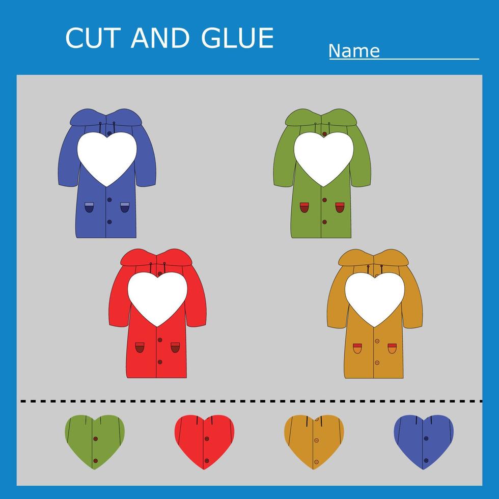 worksheet vector design, the task is to cut and glue a piece on   colorful  raincoats.  Logic game for children.