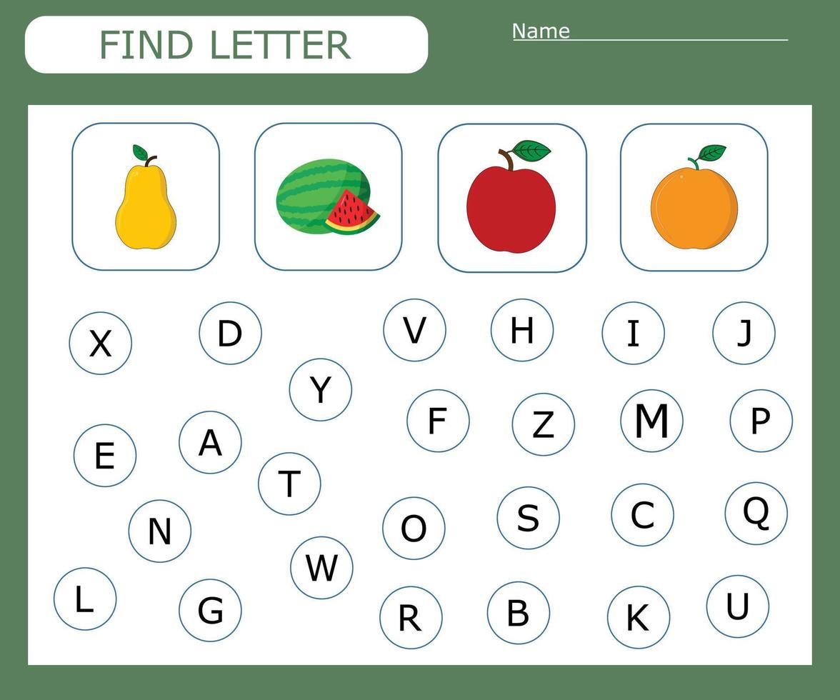 Find the first letter and match with the picture, a game for kids to learn the alphabet. Worksheet for printing. Educational game for children. vector