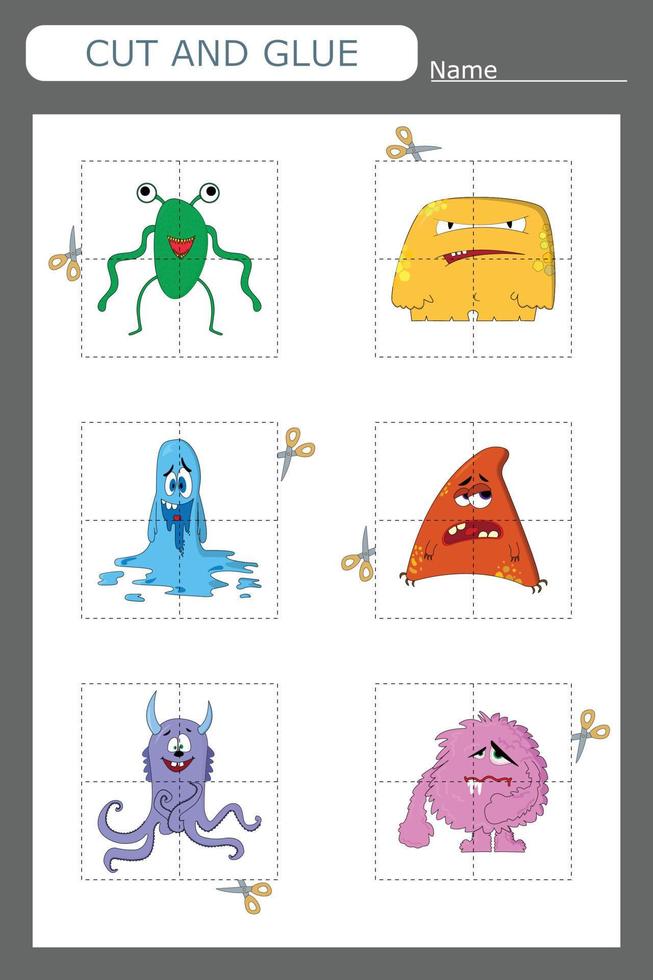 worksheet vector design, the task is to cut and glue a piece on colorful  monsters.  Logic game for children.