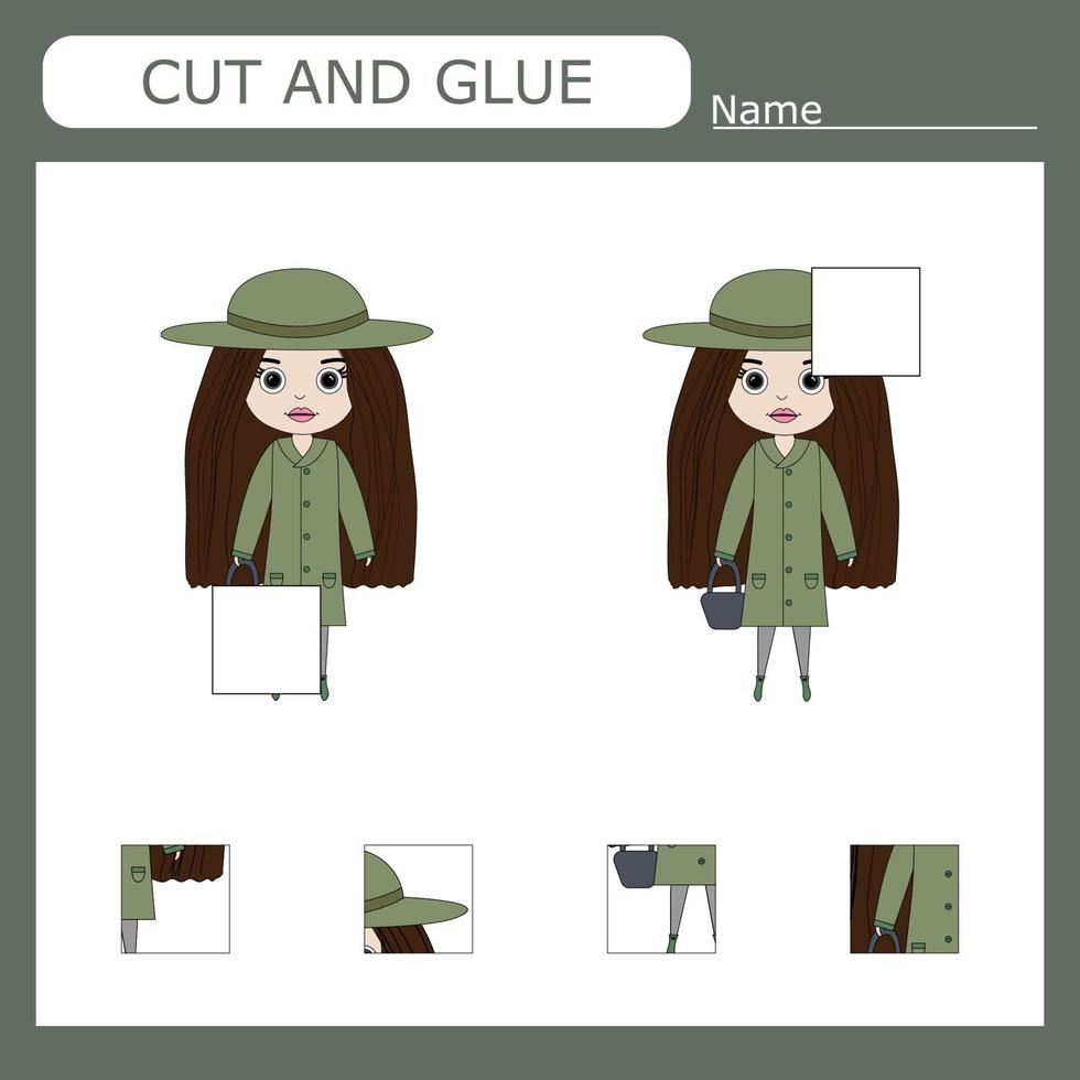 Worksheet vector design, the task is to cut and glue a piece on girls.  Logic game for children.