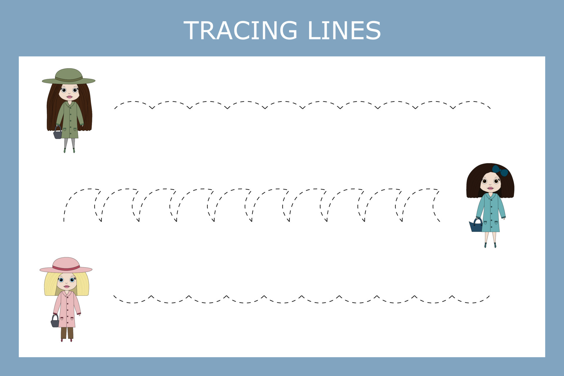 Tracing lines game with cute girls, dolls. Worksheet for preschool kids