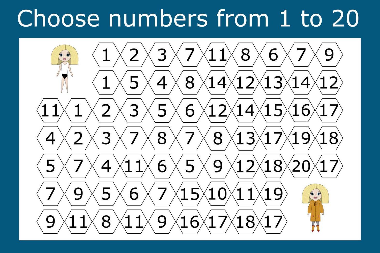 The task is to go through a maze of numbers from 1 to 20. Educational exercises for preschool children vector