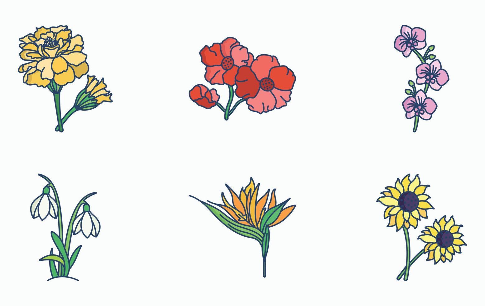 conjunto de iconos de flores y pétalos vector