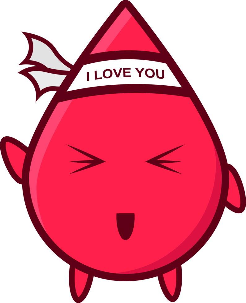 cute character a drop of blood with a very happy facial expression wearing a white headband that says i love you png
